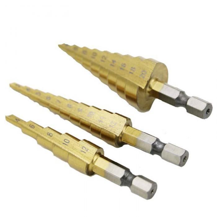 New Pratical 3 PCS HSS Titanium Coated Step Drill Bit 3-12mm 4-12mm 4-20mm High Speed Steel Wood Metal Drilling Hand Tools Set