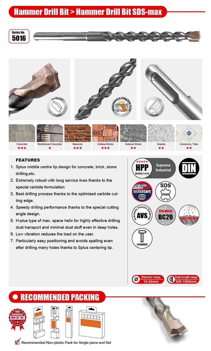 German Quality 2 Cutter Hammer Drill SDS Max for Concrete Stone Drilling