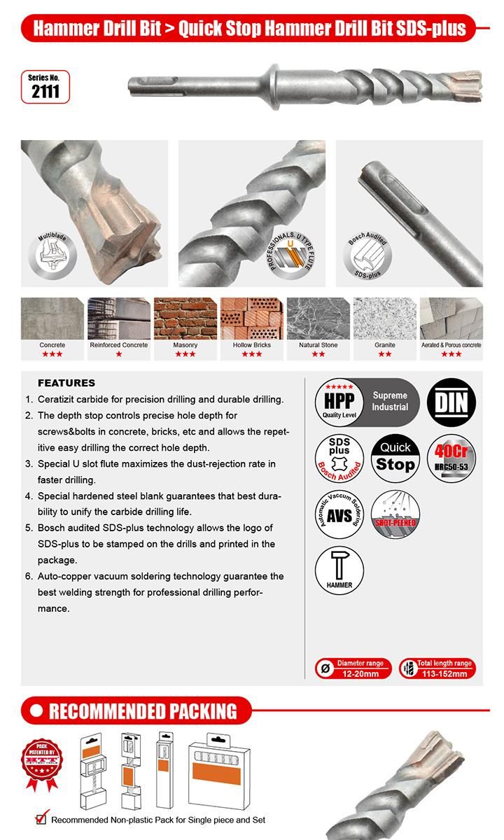 Premium Quality Multi Blade Cross Cutter Quick Stop Hammer Drill SDS Plus for Concrete Cement Stone Brick Block Reinforcement Drilling