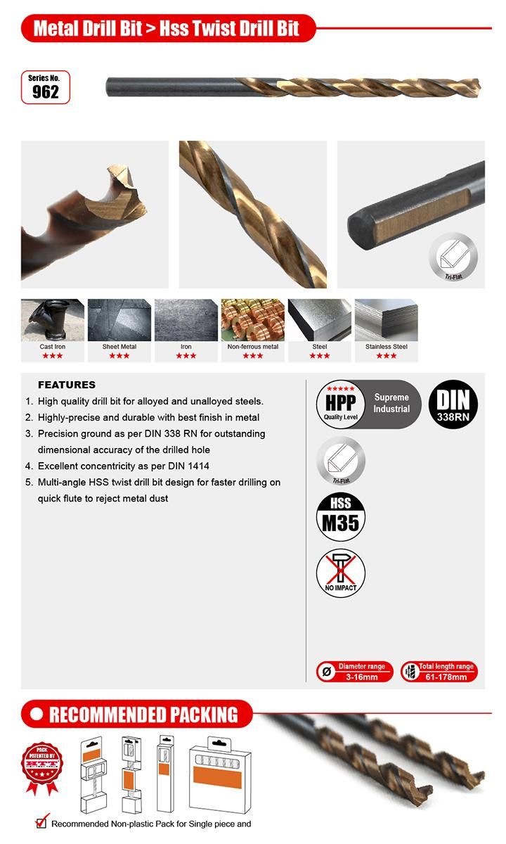 Supreme Quality HSS M35 Cobalt 5% Multi-Angle Speedy Twist Drill Bit DIN338 Rn Tri-Flat Shank for Metal Steel Stainless Steel Alloyed Unalloyed Non-Ferrous Meta