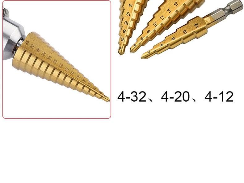 4PCS HSS Drills Set Metric Three Flats Shank Spiral Flute Bright Step Drill Bit Set for Sheet Metal Tube Drilling in Wooden Case (SED-SD4-SFB)