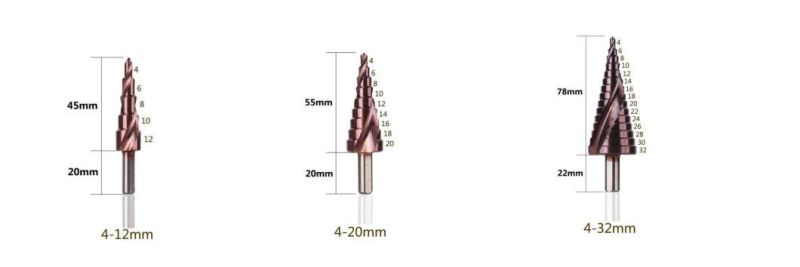Industrial HSS Cobalt M42, M35, M2 Tin Coated Titanium Step Drill Bit with Straight/Spiral Flute for Drilling Wood, Stainless Steel, Metal, Copper, Plastic