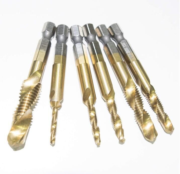 6 PCS Titanium Coated HSS 6542 Fluted Machine Screw Tap Kit, Hex Shank Combination Drill Tap Bit Spiral Screw Tap Set M3-M10, Gold W/Carry Case