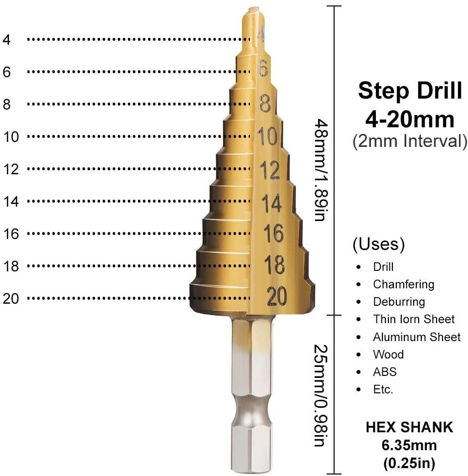 4-20/22mm HSS Hole Drill Titanium Coated Step Drill Bit for Metal Drilling