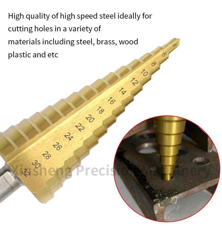 Titanium Coated Spiral Slot Hexagon Shank Pagoda Drill Step Drill Bit High Speed Steel Reaming Drill Hole Spiral Gro
