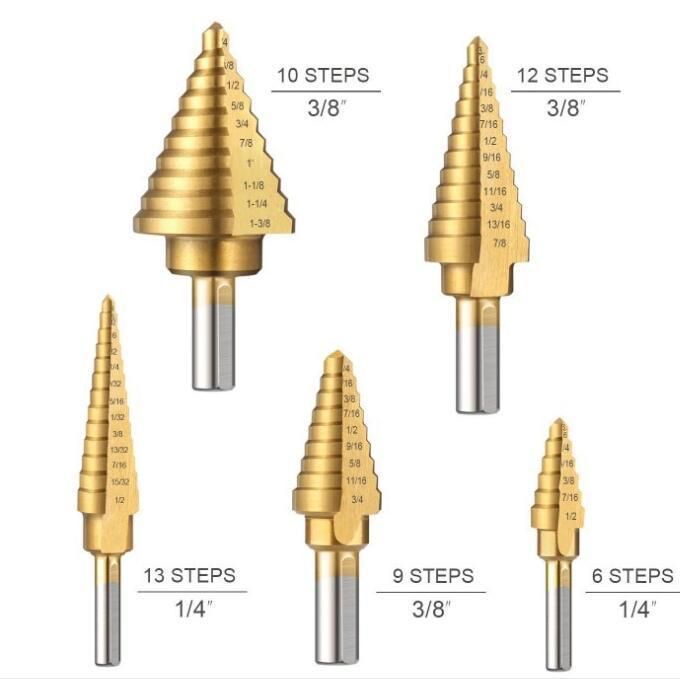 6PCS HSS Titanium Coated Step Drill Bit with Center Punch Drill Set Hole Cutter Drilling Tool Kit Set