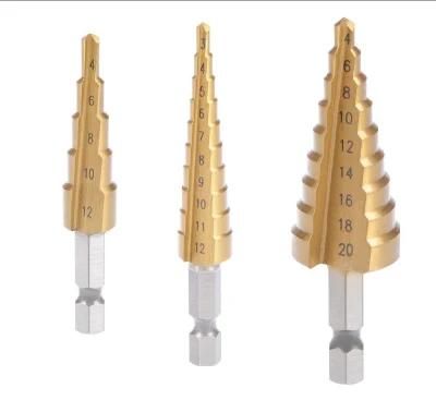 Titanium Step Drill Bits Set 3-12mm 4-12mm 4-20mm 2 Straight Flutes Hex Shank for Metal Wood Plastic High Speed Steel 3PCS