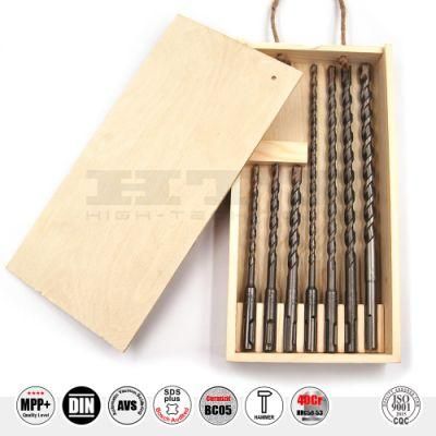 Pgm Premium Quality 7PCS SSD Cross Cutter Hammer Drill Set SDS Plus in Bamboo Box for Concrete Brick Stone Cement Drilling