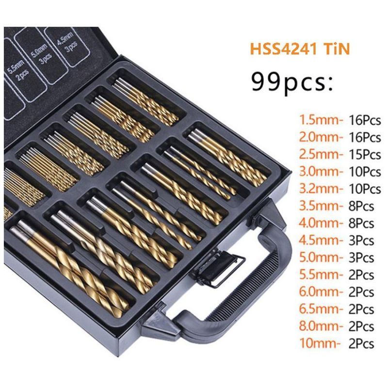 99PCS HSS Tin Straight Twist Drill Bits 1.5-10.0mm Set Kit