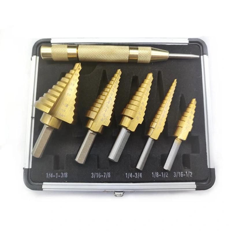 5PCS Titanium HSS Step Drill Bit Set with Automatic Center Punch with Aluminum Case