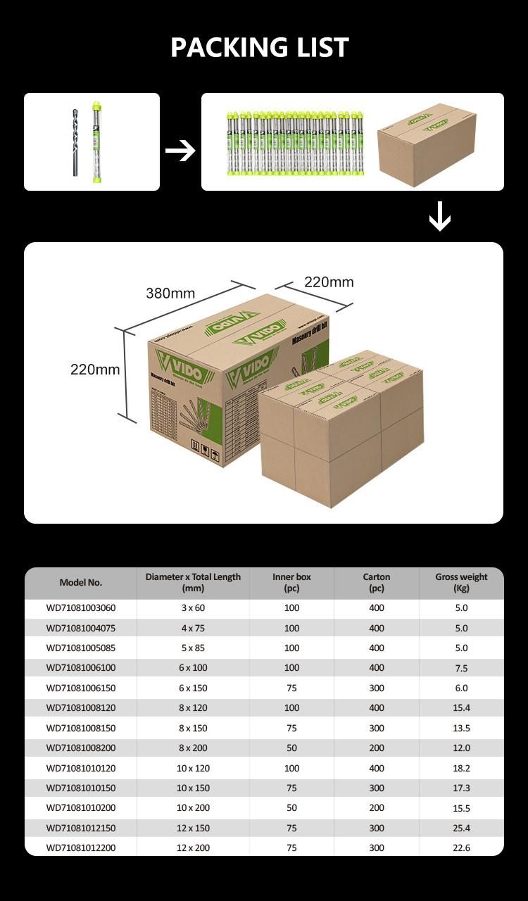 Vido 10*200mm SDS Masonry Drill Bit for Concrete, Brick, Wood