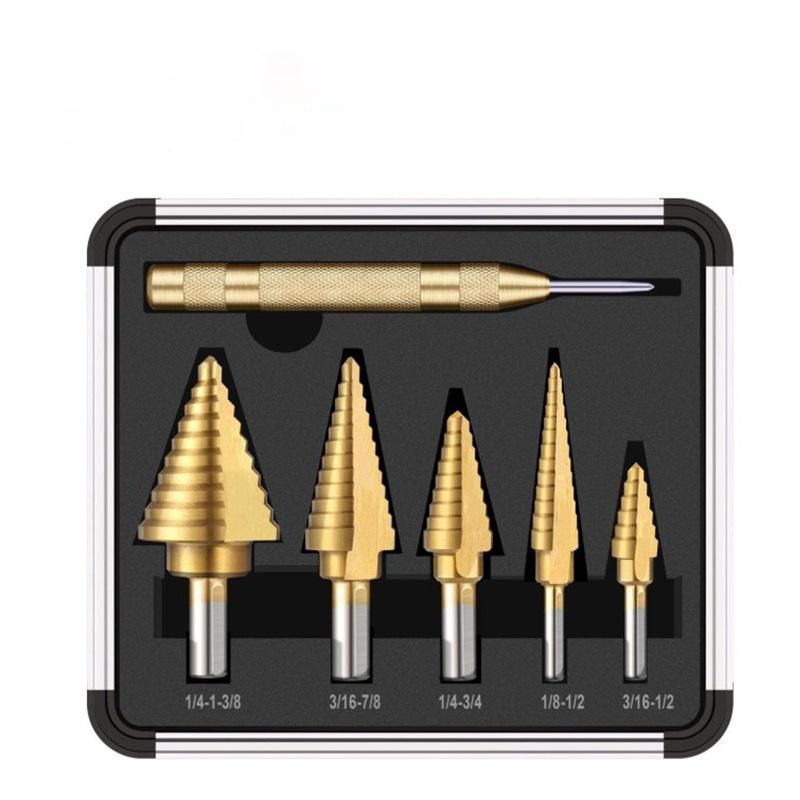 6PCS HSS Titanium Coated Step Drill Bit with Center Punch in Aluminum Box