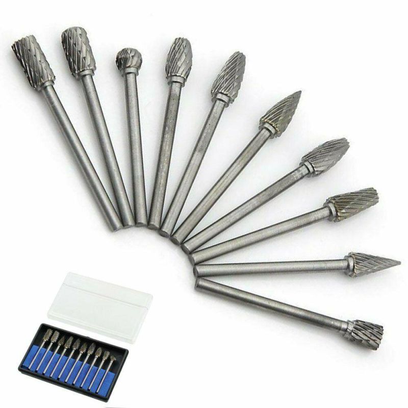 10PCS 1/4 Head Tungsten Carbide Double Cut Rotary Burr Set W/ 1/8 Inch Shank Bit