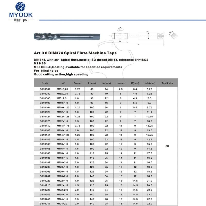 HSS Quality Taps DIN374/Mf Spiral Fluted Taps