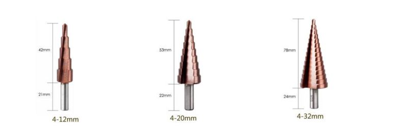 Industrial HSS Cobalt M42, M35, M2 Tin Coated Titanium Set Step Drill with Direct/Spiral Flute for Drilling Wood, Stainless Steel, Metal, Plastic