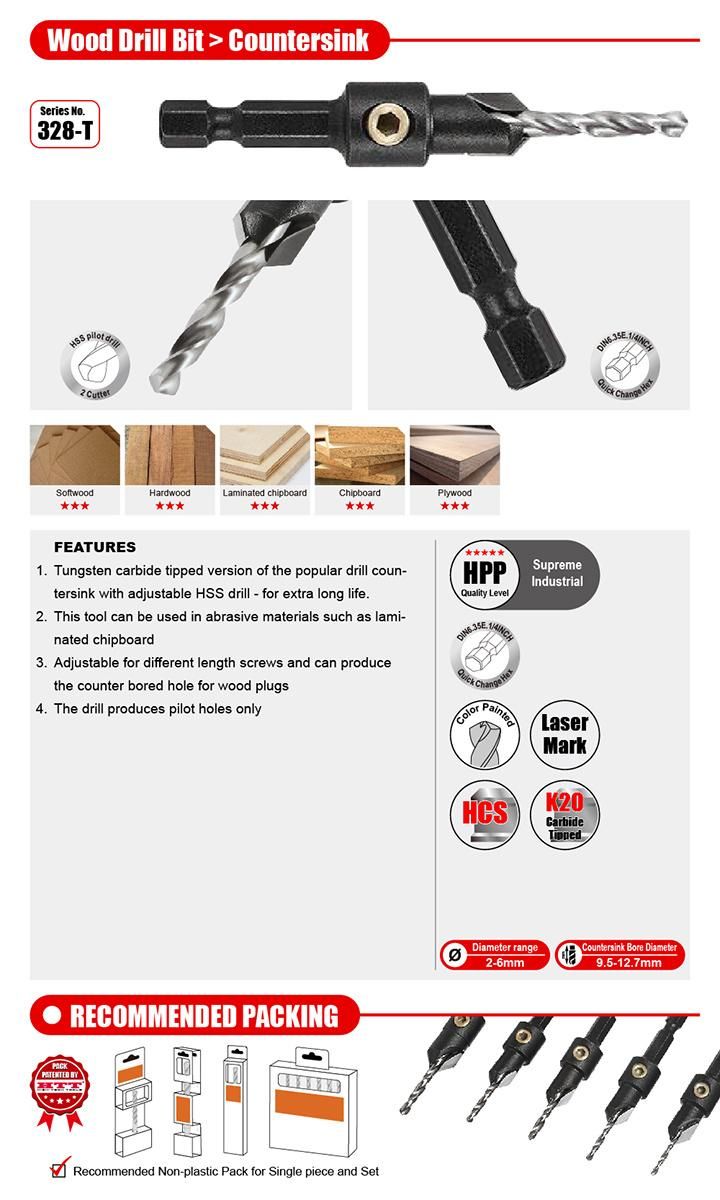 Supreme Quality Tct Countersink DIN6.35e Shank Quick Change for Wood Hole Chamfering Work