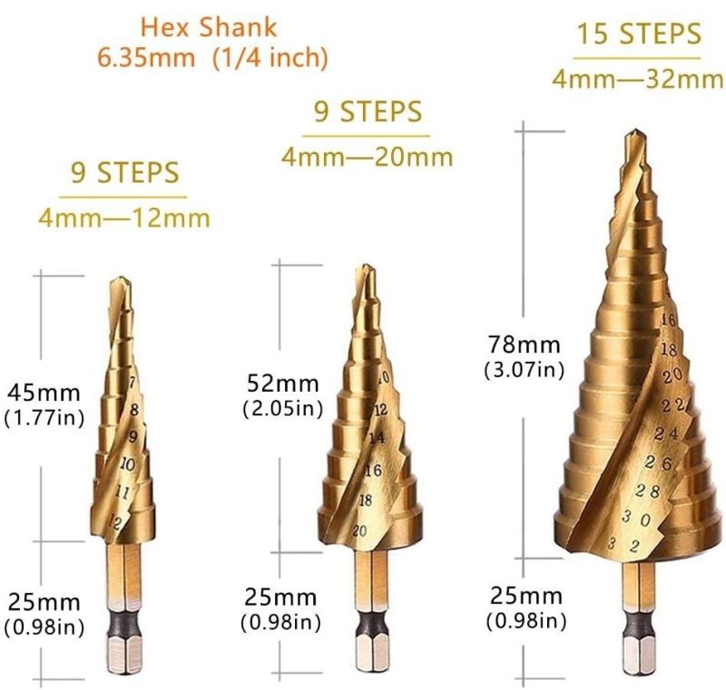 3PCS Titanium Cobalt Coated HSS 4241 Step Core Drill Bit Set for Metal Drilling