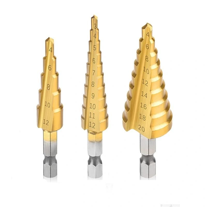 3 PCS Step Drill Bit Set 1/4 Inch HSS 4241 Hex Shank Metric Straight Groove 3-12mm 4-12mm 4-20mm