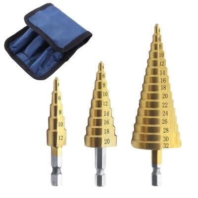 3PCS HSS Titanium Coated Step Drill Bit Power Tools Wood Cone Drill