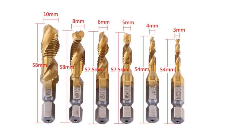 6PC HSS Hex Shank Thread Spiral Screw M3-M10 Combined Machine Tap Drill Bit for Metal Drilling Tapping