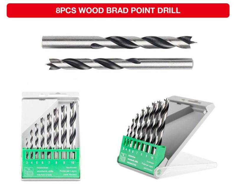 8PCS Rolled Wood Brad Point Drill Bit Set in Plastic Case
