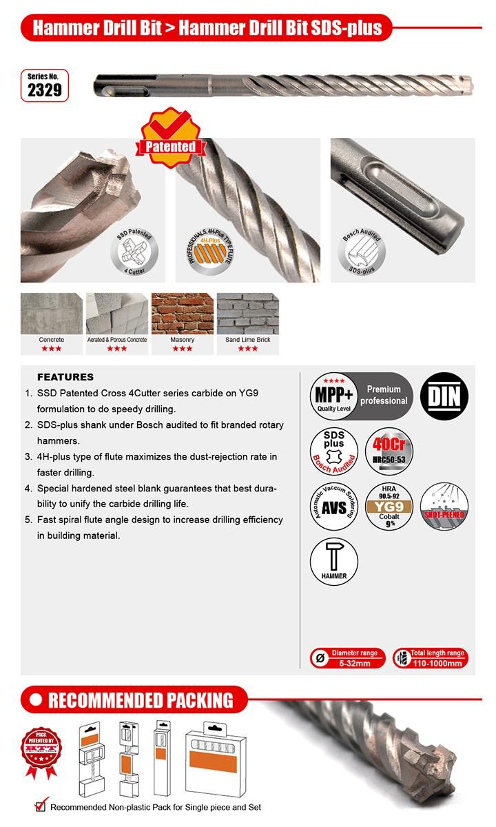 Patented Premium Quality SSD Cross 4cutter Hammer Drill SDS Plus for Concrete Brick Stone Cement Drilling