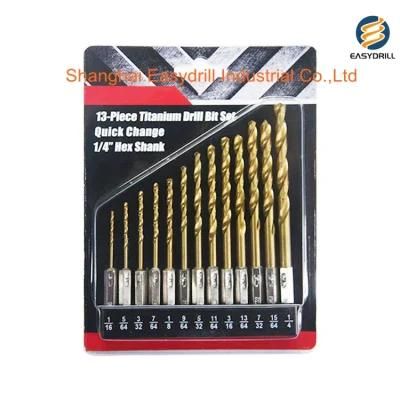 13 PCS Inch Jobber Length Drills Set Hex Shank Titanium HSS Twist Drill Bit Set for Metal Stainless Steel in Double Blister Card (SED-DBS13-1)