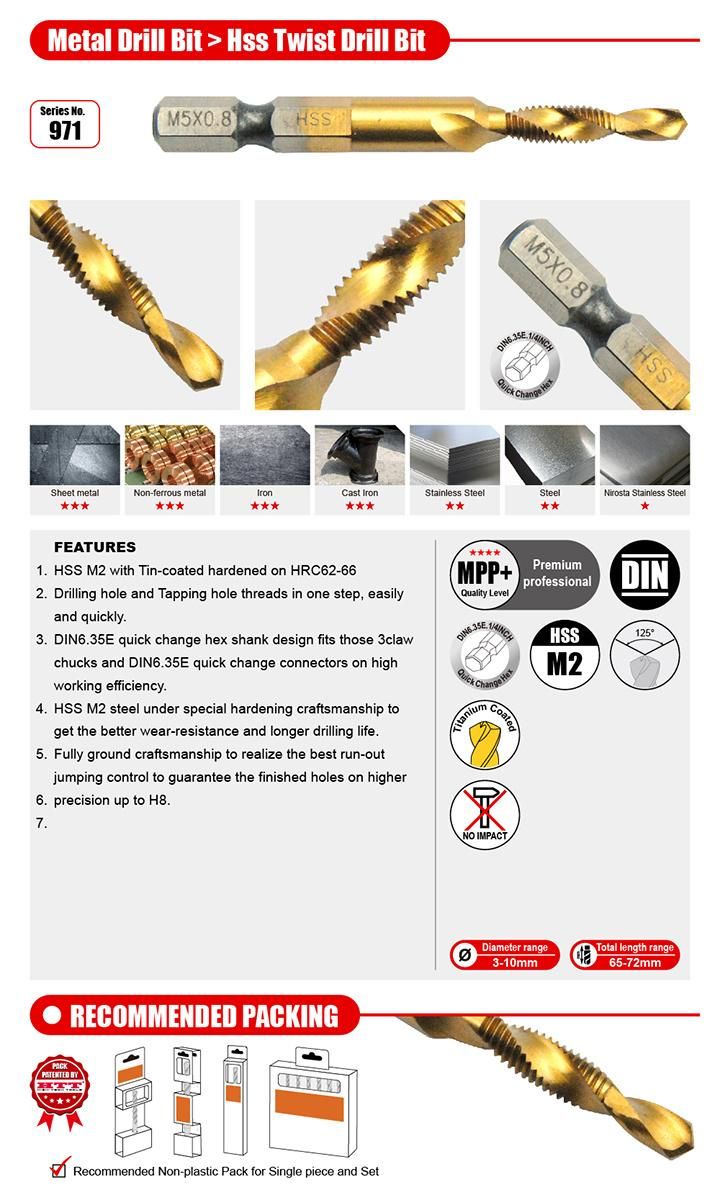 HSS Drilling & Tapping Twist Drill Bit DIN6.35e Shank for Alloy Steel Iron Metal Drilling Tapping
