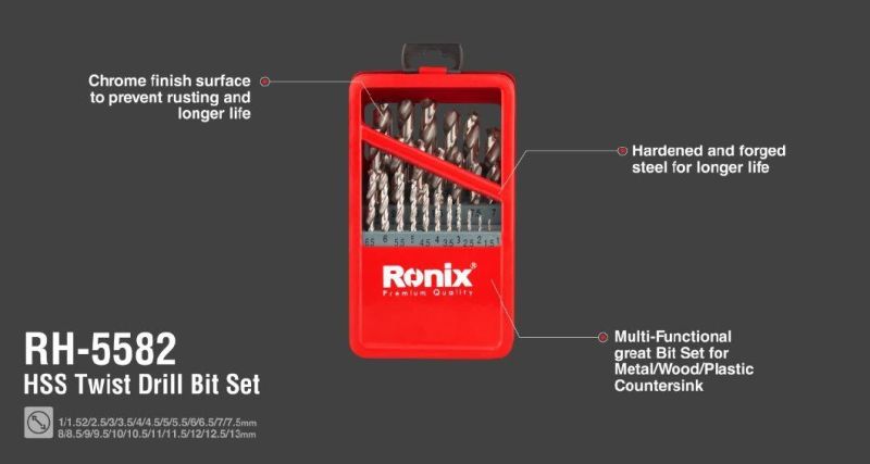 Ronix Model Rh-5582 Hand Tools Wood Drill Bits Set Metal Box