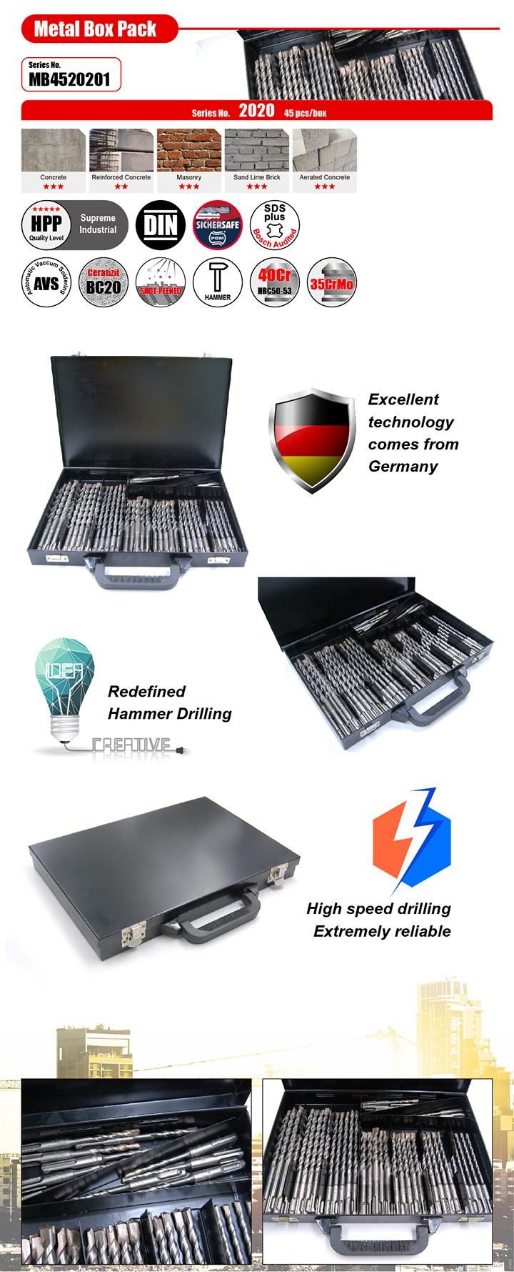 Pgm German Quality 45PCS 2cutter Hammer Drill Set SDS Plus in Metal Box for Concrete Brick Stone Cement Drilling