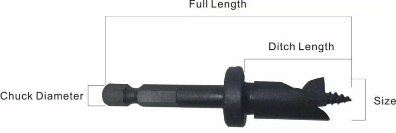 Crescent Style Concave Drill Body 1/4" Quik Change Hex Shank Wood Auger Drill Bit with Stopper