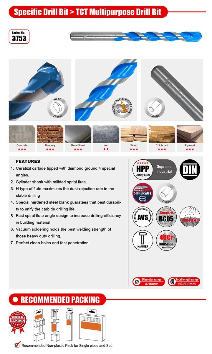 Pgm German Quality Tct Multipurpose Universal Drill Cylindrical Shank for Masonry, Metal, Wood, Fiber, Tile, Concrete, Brick, Cement Drilling
