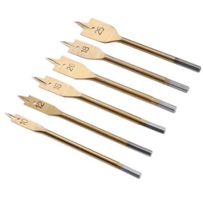 Flat Wood Bit Set Titanium Coated Bits with Hex Shaped Stem 6 Pieces of Pack