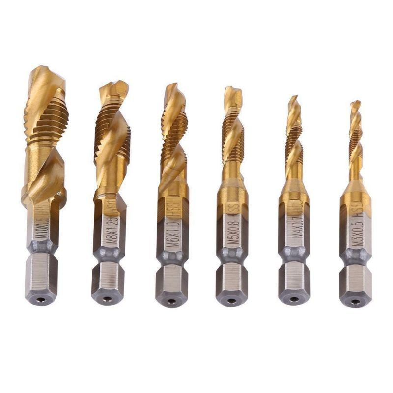 6PCS Metric Thread M3-M10 Titanium Coated HSS Drill with Tap Bits 1/4" Hex Shank