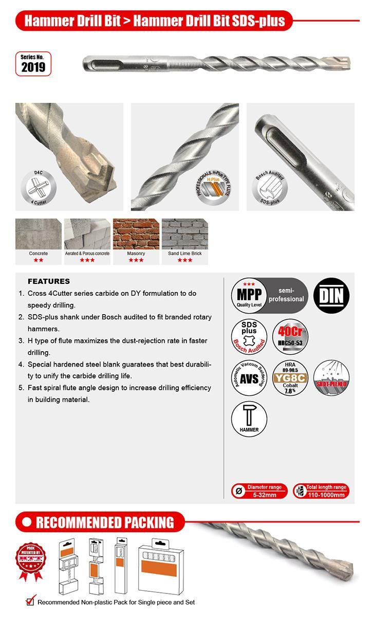 Premium Quality Cross 4cutter Hammer Drill SDS Plus for Concrete Brick Stone Cement Drilling