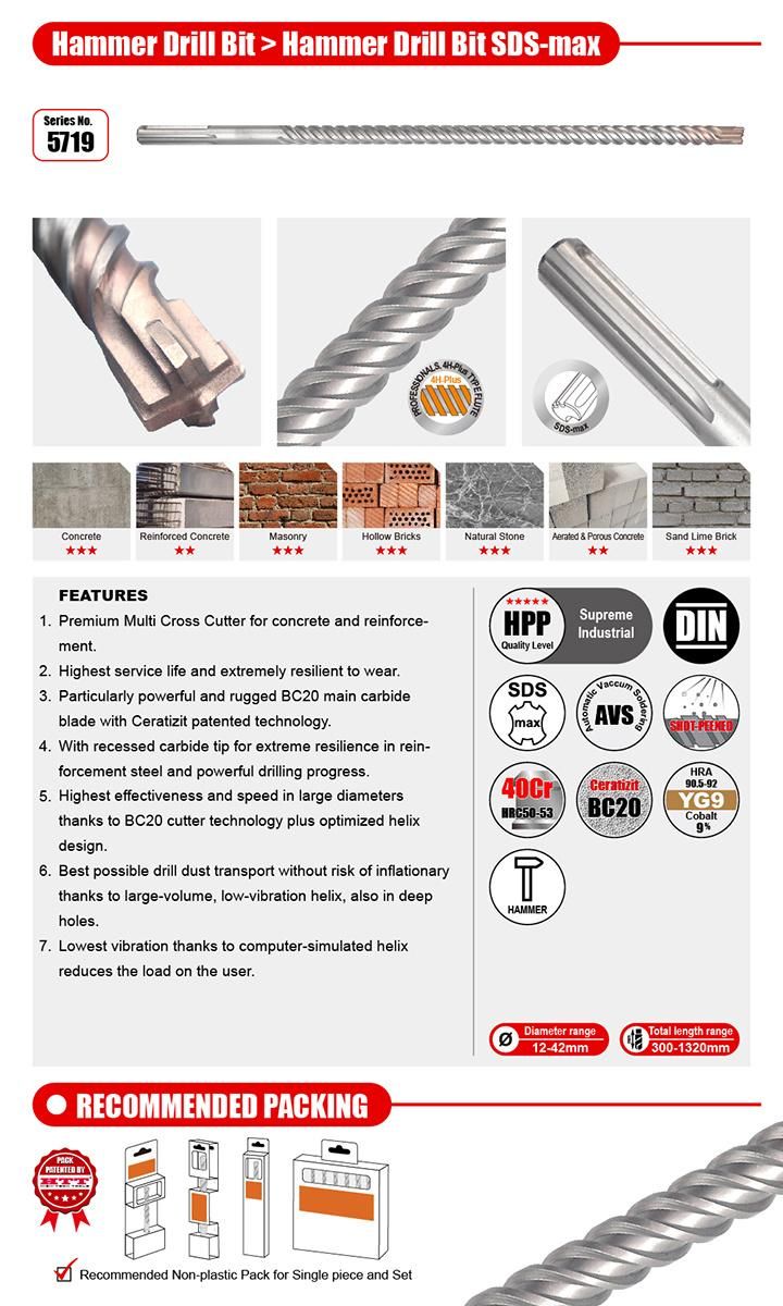 German Quality Multi Cross Cutter Hammer Drill SDS Max for Concrete Reinforcement Cement Brick Drilling