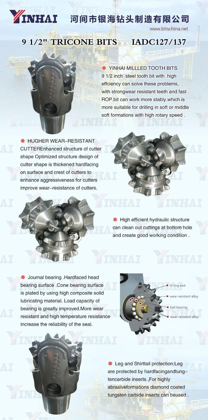 API Steel Tooth Drill Bit 9 1/2" IADC137 for Water Well Drilling