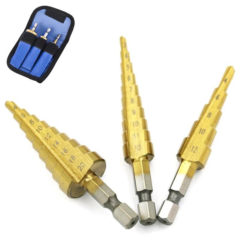 3 PCS Step Drill Bit Set 1/4 Inch HSS 4241 Hex Shank Metric Straight Groove 3-12mm 4-12mm 4-20mm