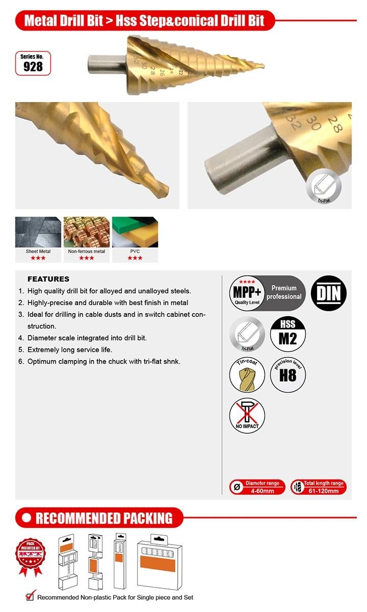 Premium Quality HSS M2 spiral Twist Step Drill Bit Tin-Coated Tri-Flat Shank for Metal Steel Stainless Steel Alloyed Unalloyed Non-Ferrous Metal