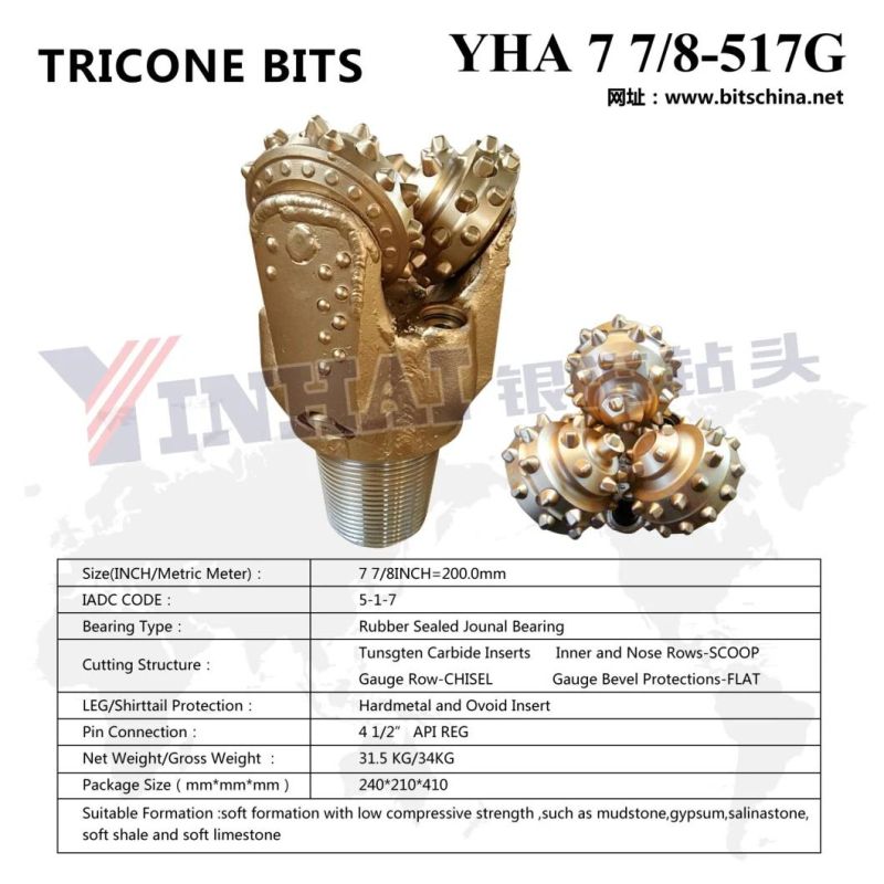 Tricone Bit 7 7/8" 200mm IADC417/517 Roller Cone Bit/Rock Drill Bit for Soft to Hard Formation Drilling