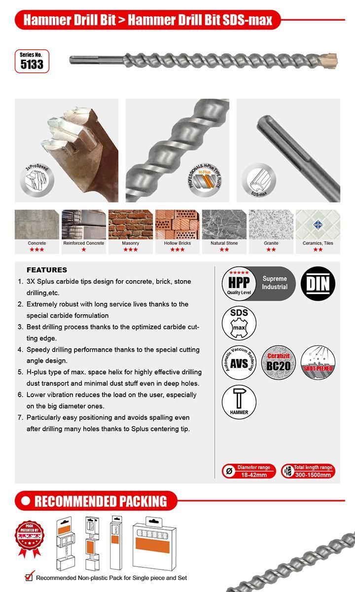 German Quality 3 Blade Multi Cutter Hammer Drill SDS Max for Concrete Brick Stone Reinforcement Drilling