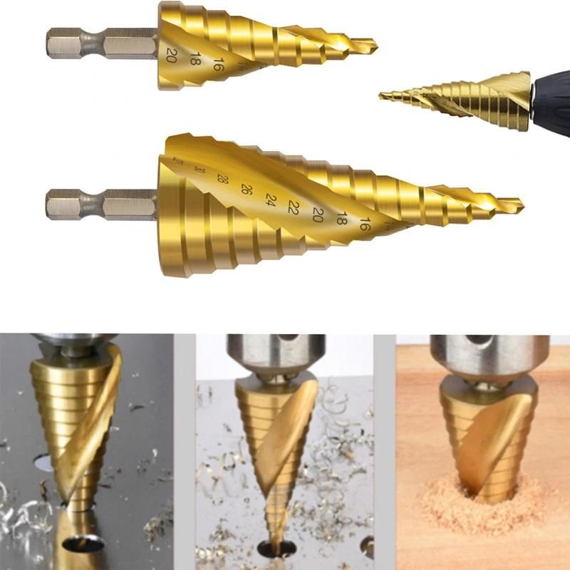 3 PCS Step Drill Bit Set 1/4 Inch HSS 4241 Hex Shank Metric Spiral Grooved 4-12mm 4-20mm 4-32mm Tin Coating