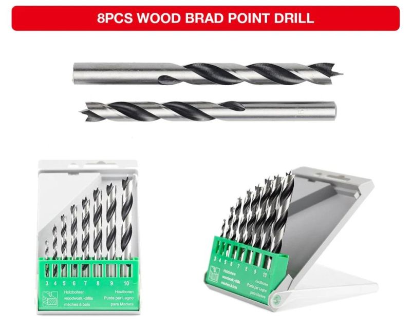 8PCS Inch HSS Fully Ground Wood Brad Point Drill Bit Set for Wood Precision Drilling in Iron Box