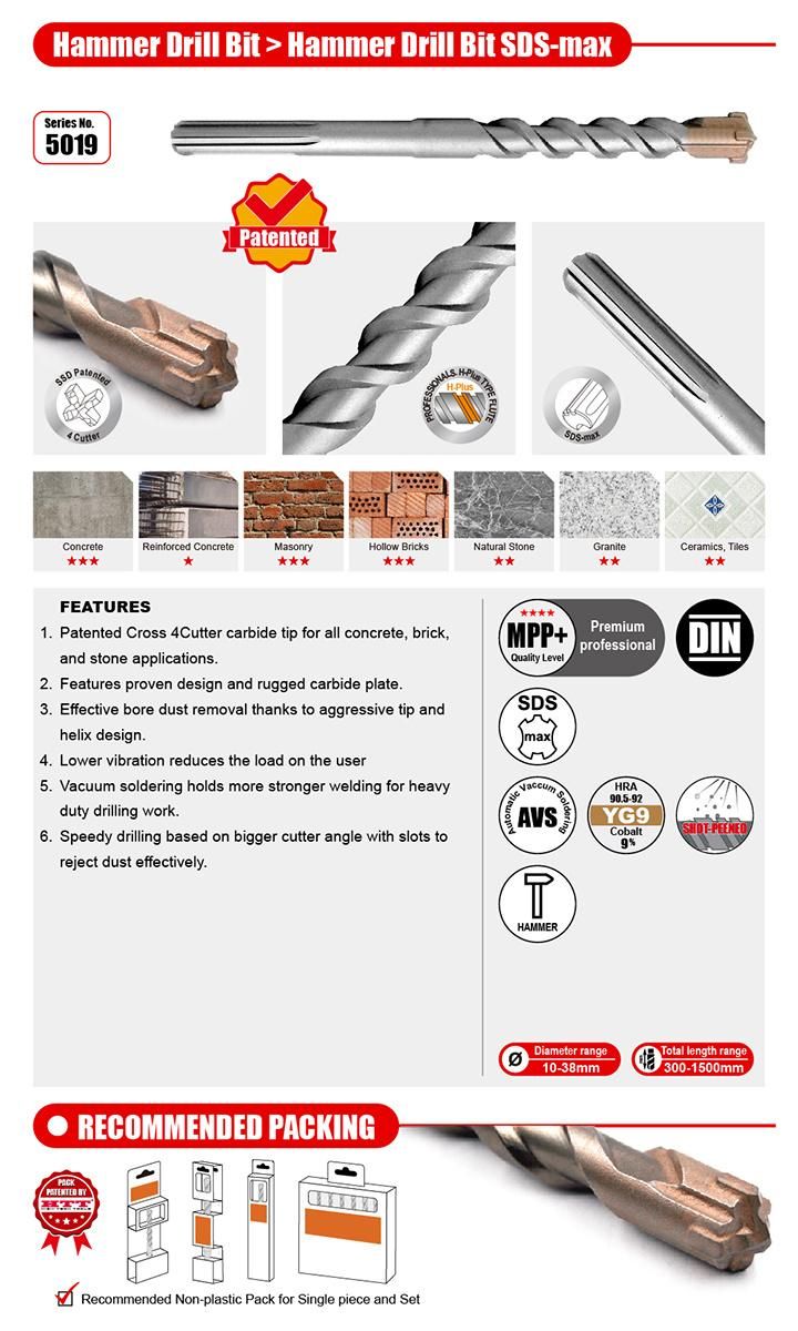 Premium Quality SSD Cross Cutter Hammer Drill SDS Max for Concrete Brick Stone Cement Drilling