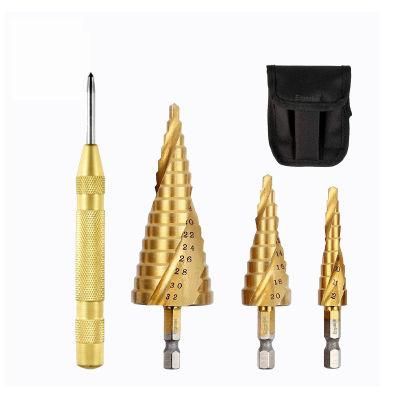 HSS Spiral Flute Step Drill Bit Set with Automatic Spring Loaded Center