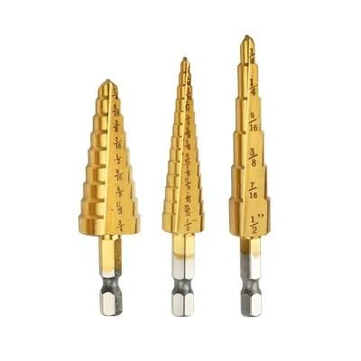 3PCS Straight Flute Hex Shank Step Dill Bits HSS Tin Inch