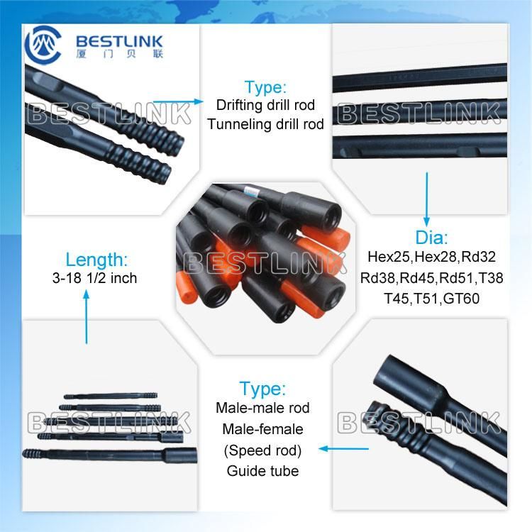 Mining Rock Drilling Tools Drifting Rod, Thread Extension Rock Drill Rods R32 R38 T38