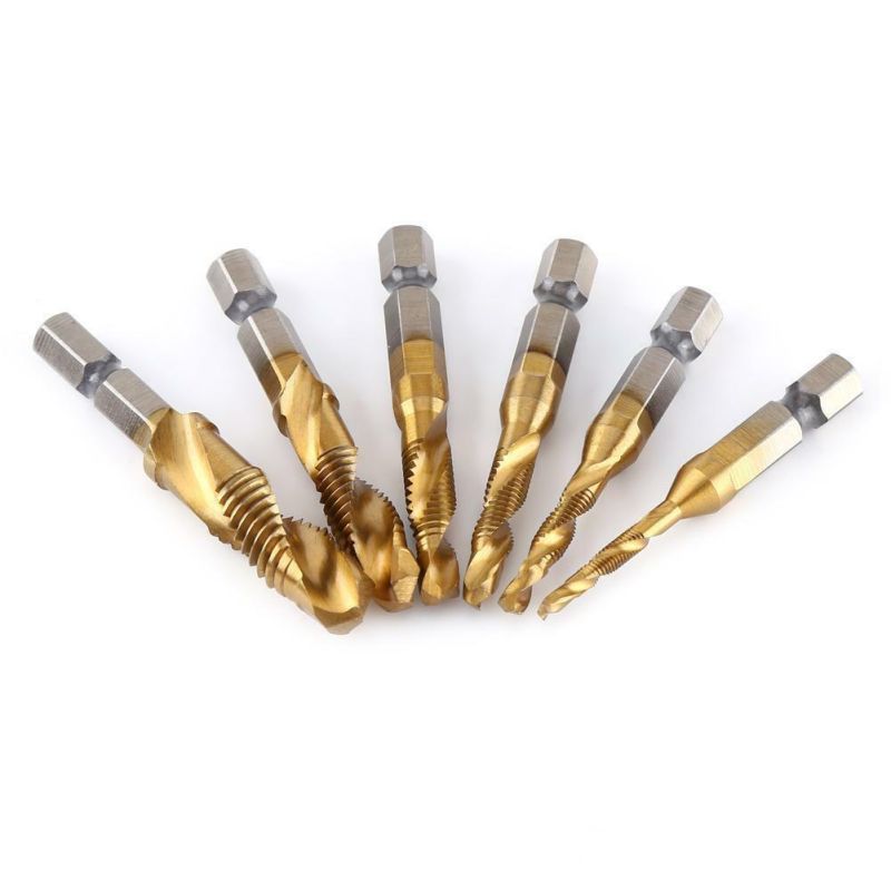 6PCS Metric Thread M3-M10 Titanium Coated HSS Drill with Tap Bits 1/4" Hex Shank