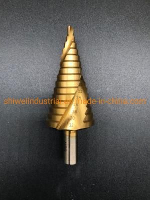 HSS Step Drill 4-32mm Spiral Flute Titanium Coating, 3 Flat Shank