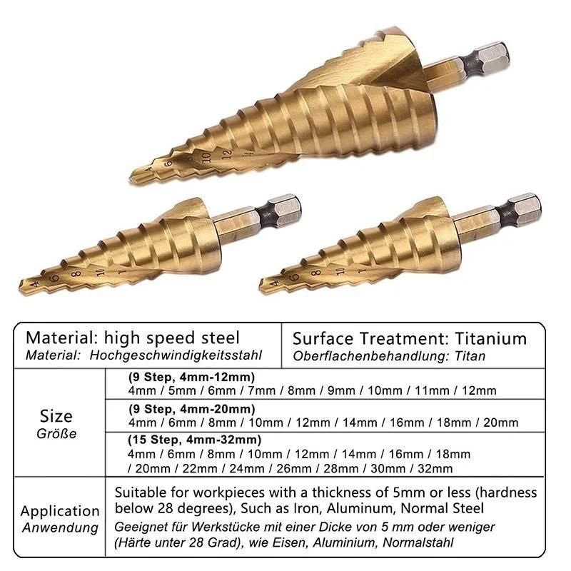 3 PCS Step Drill Bit Set 1/4 Inch HSS 4241 Hex Shank Metric Spiral Grooved 4-12mm 4-20mm 4-32mm Tin Coating